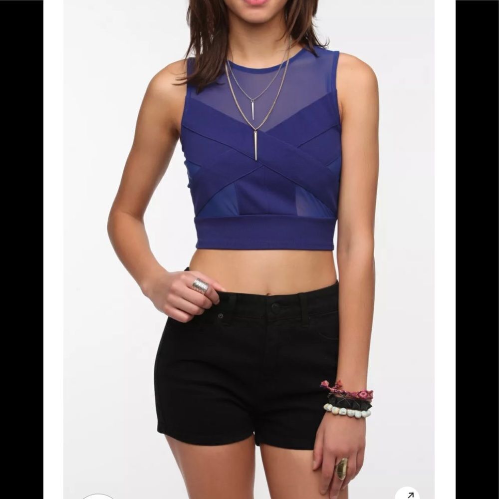 UO Sparkle & Fade blue sheer Ilusion cropped top S